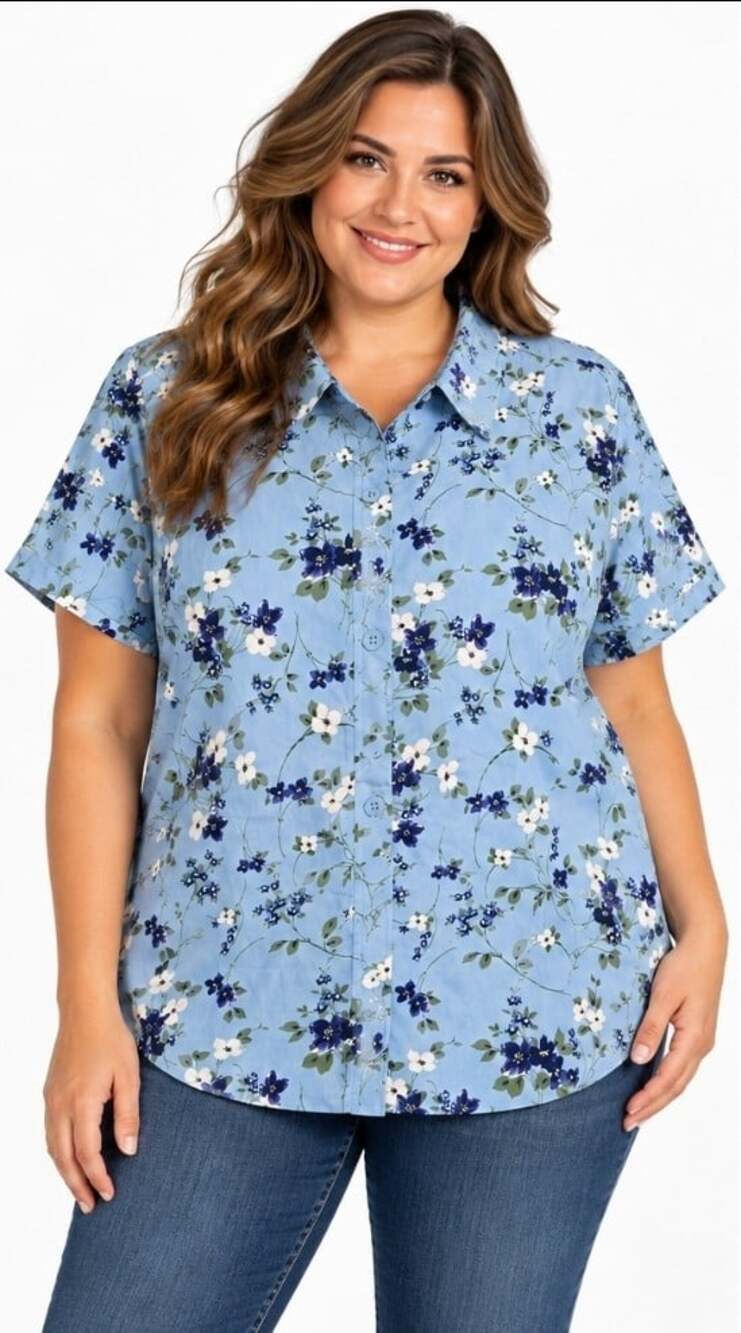 Woman Within Size 5X 38/40 Button Up Short Sleeve Blouse Cotton Pansies T110 New
